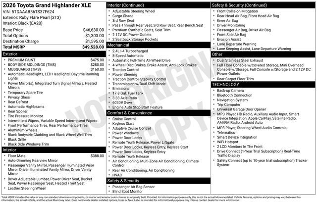 Red (Ruby Flare Pearl) 2026 Toyota Grand Highlander SUV / Crossover All-Wheel Drive 8-Speed Dual Clutch