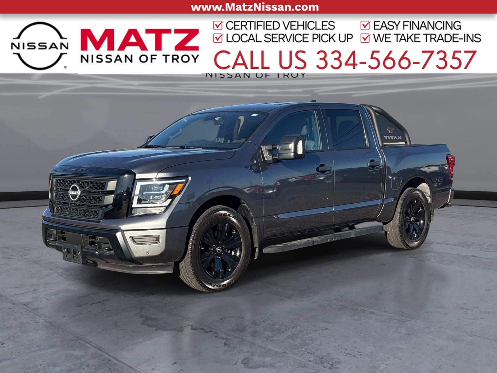 Gray (Gun Metallic) 2023 Nissan Titan Pickup Truck Four-Wheel Drive 9-Speed Automatic