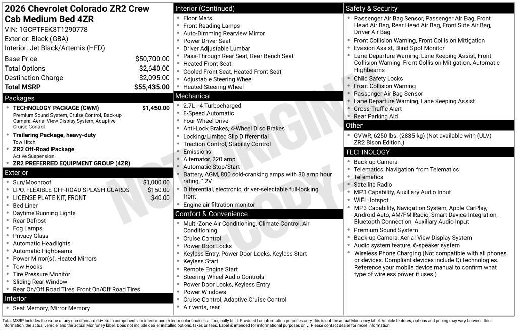 Black 2026 Chevrolet Colorado Pickup Truck Four-Wheel Drive Automatic