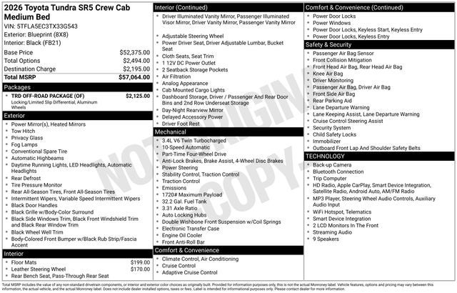 Blueprint 2026 Toyota Tundra Pickup Truck Four-Wheel Drive Automatic