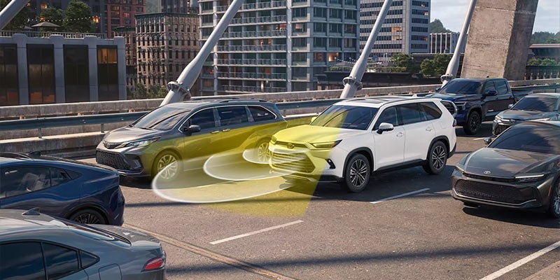A generated image of a white 2024 Toyota Grand Highlander with the front sensor detecting obstacles while in a parking lot.