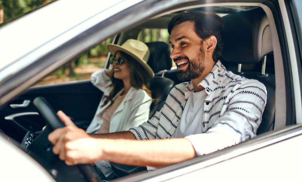 Two people driving.