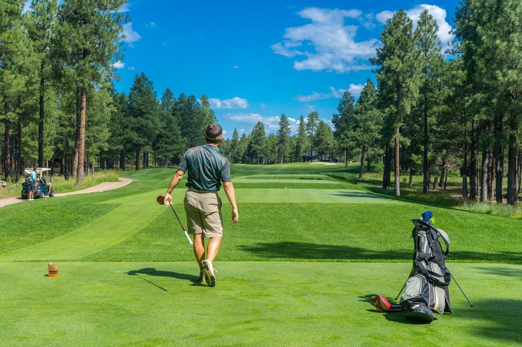 A man on the green golfing.