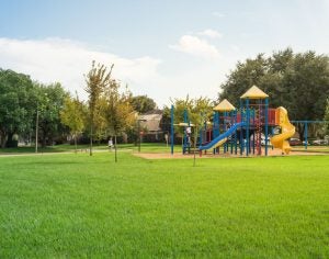 A playground at a park and kids playing in the distance.