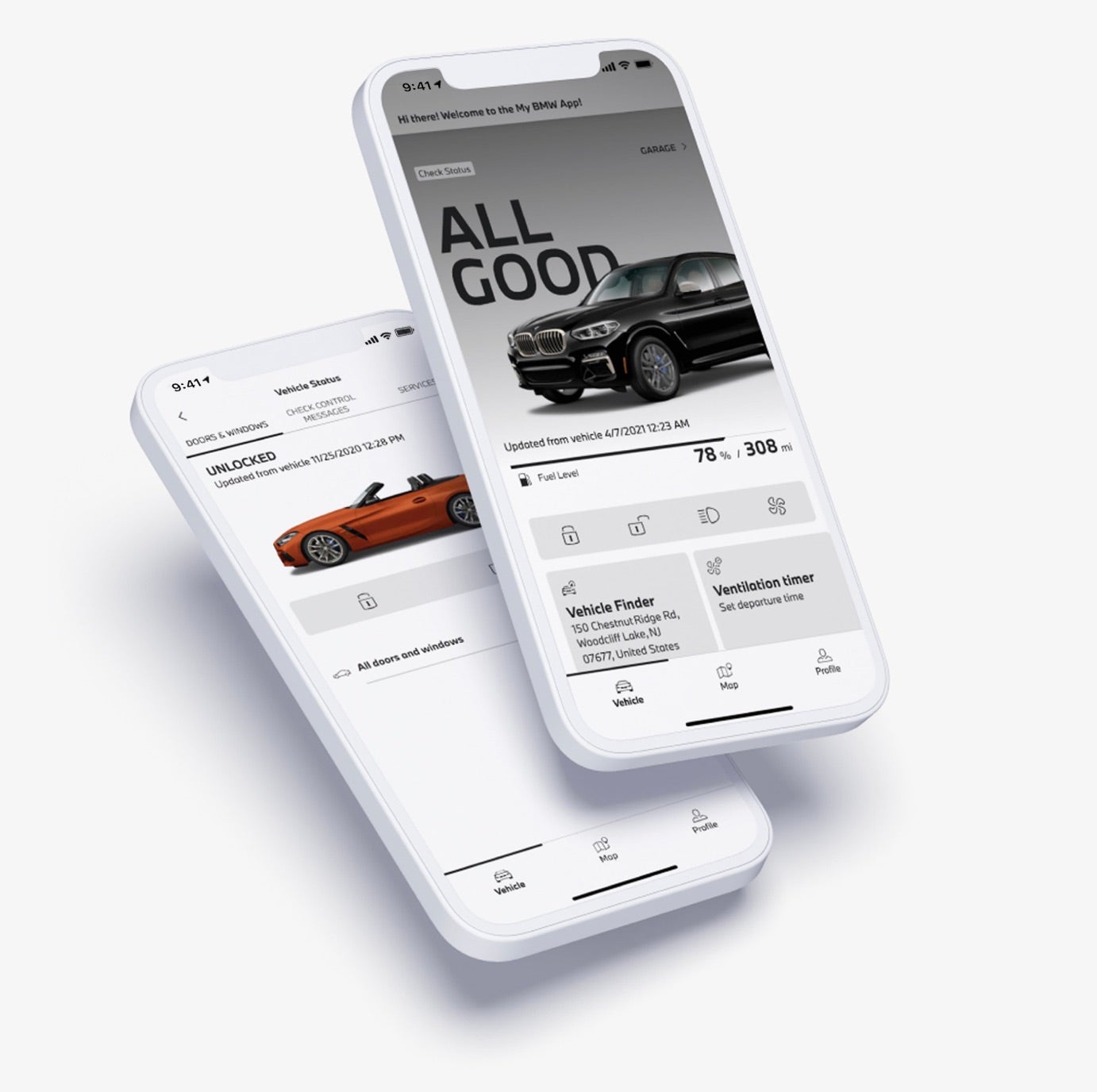 2 Phones showing the MY BMW App and it's features.