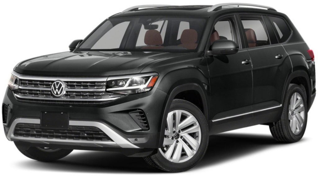Volkswagen Certified Pre-Owned vehicles black SUV front three quarter studio view highlighting grille and LED headlights.