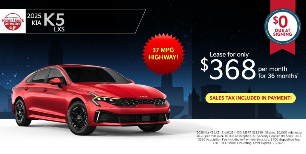 
2025 Kia K5 LXS – Lease for $368/month for 36 months
