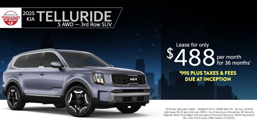 2025 Kia Telluride S AWD – Lease for $488/month for 36 months
