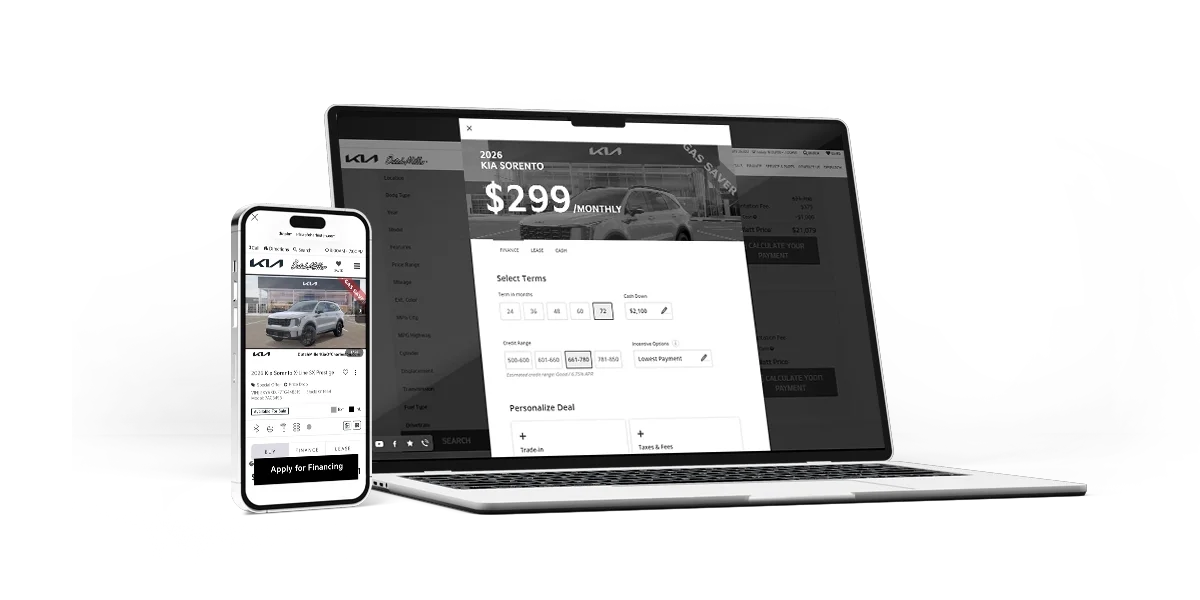 Laptop and phone showing the Dutch Miller Kia online deal builder with a sample monthly payment