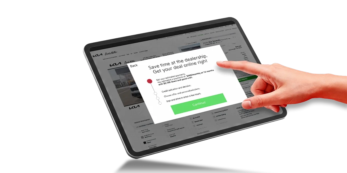 Tablet showing the Dutch Miller Kia online buying steps with a Continue button