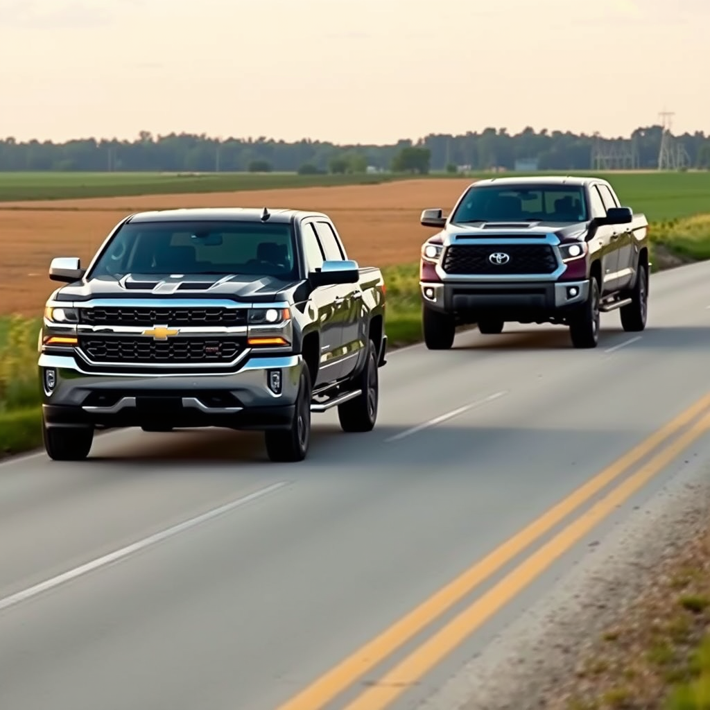 Chevrolet Silverado 1500 and Toyota Tundra side by side on a rural road.