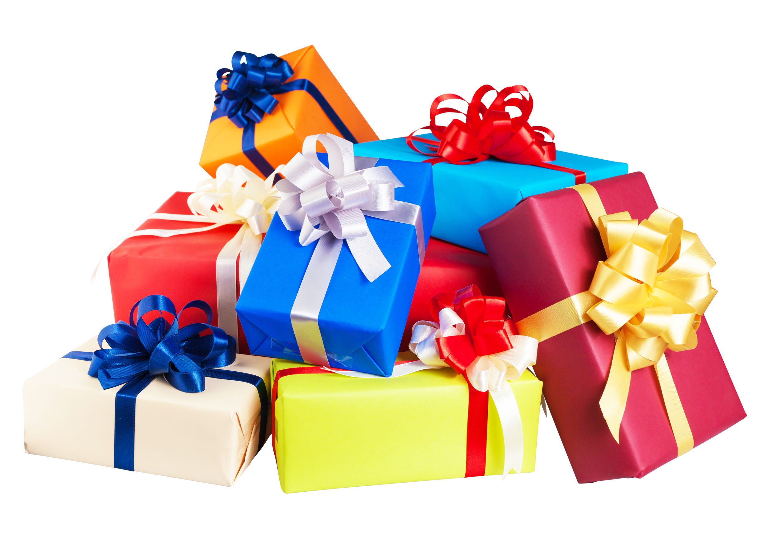 Pile of gifts rapped in vibrant paper and ribbon