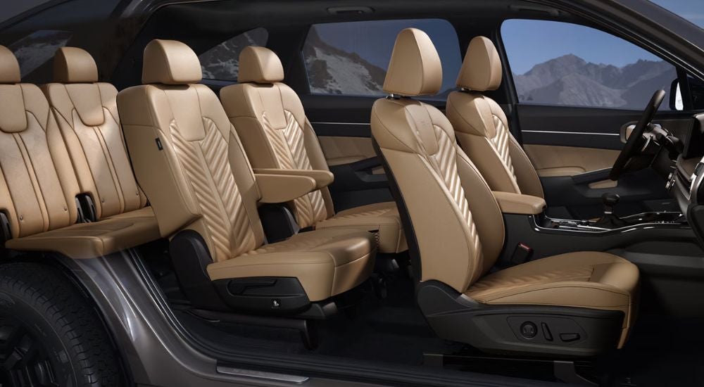 The tan 3-row leather interior on a 2026 Kia Sorento.