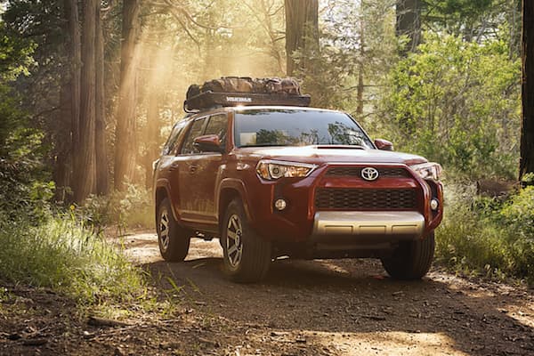 A red 2019 Toyota 4Runner driving through the woods