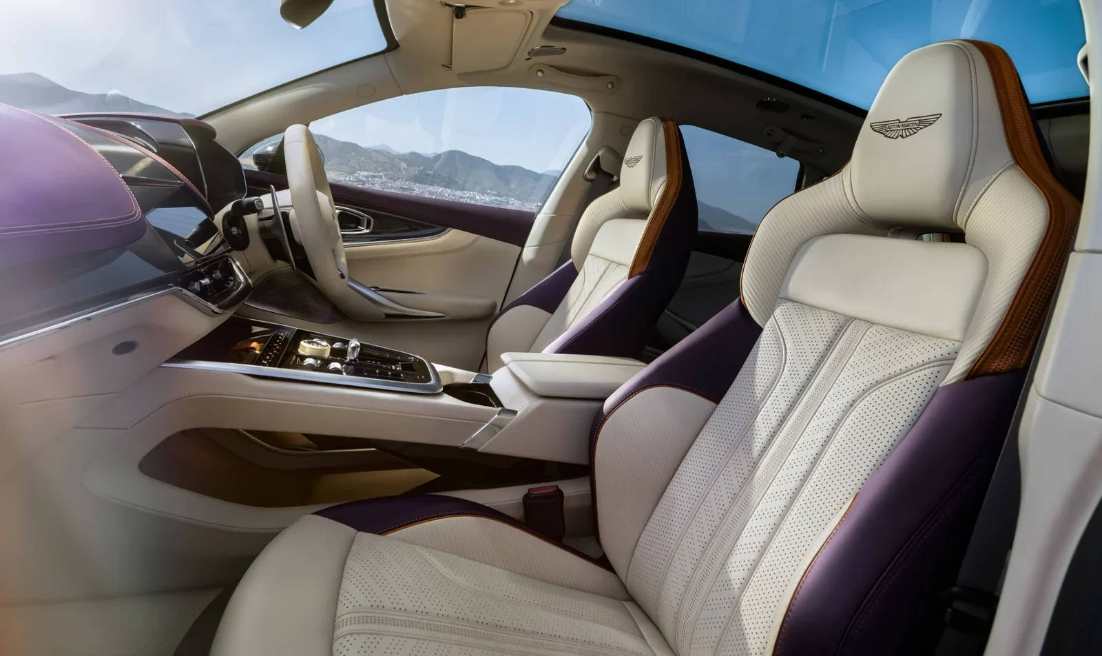 Aston Martin DBX GT interior with cream and purple leather front seats