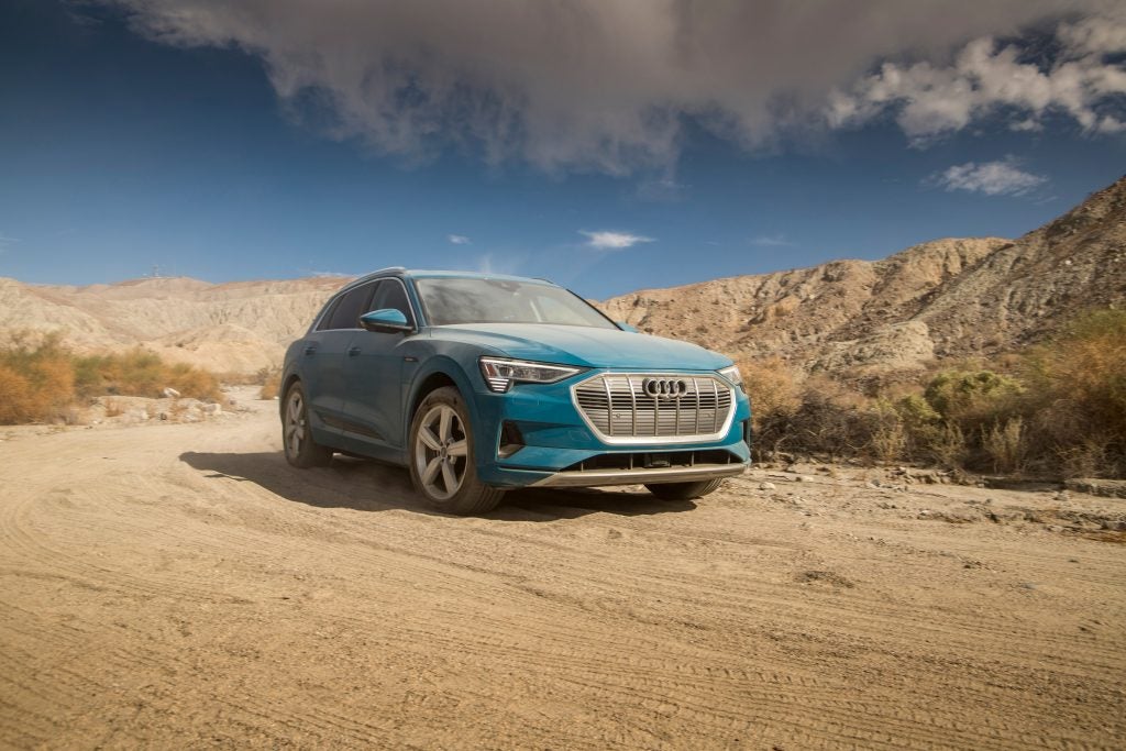 Audi e-tron on a dusty trail at indiGO Auto Group's Kick Up the Dust off-road event.