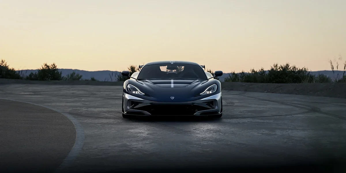 Front view of the Rimac Nevera R Founder’s Edition at dusk.
