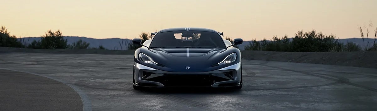 Front view of the Rimac Nevera R Founder’s Edition at dusk.