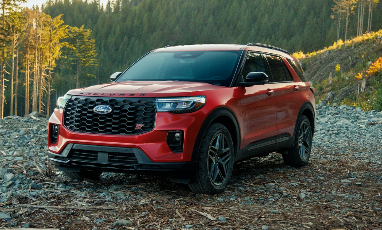 Red 2026 Ford Explorer ST parked in forest