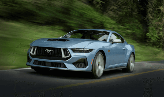 Blue 2025 Ford Mustang GT on the road