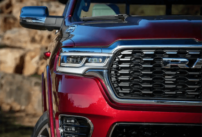 Front view of red Ram 1500 pickup truck