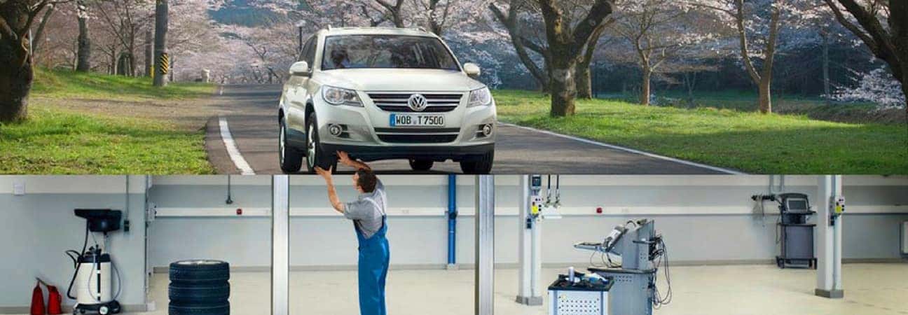 A technician working on a VW vehicle featured in a blog post about VW service