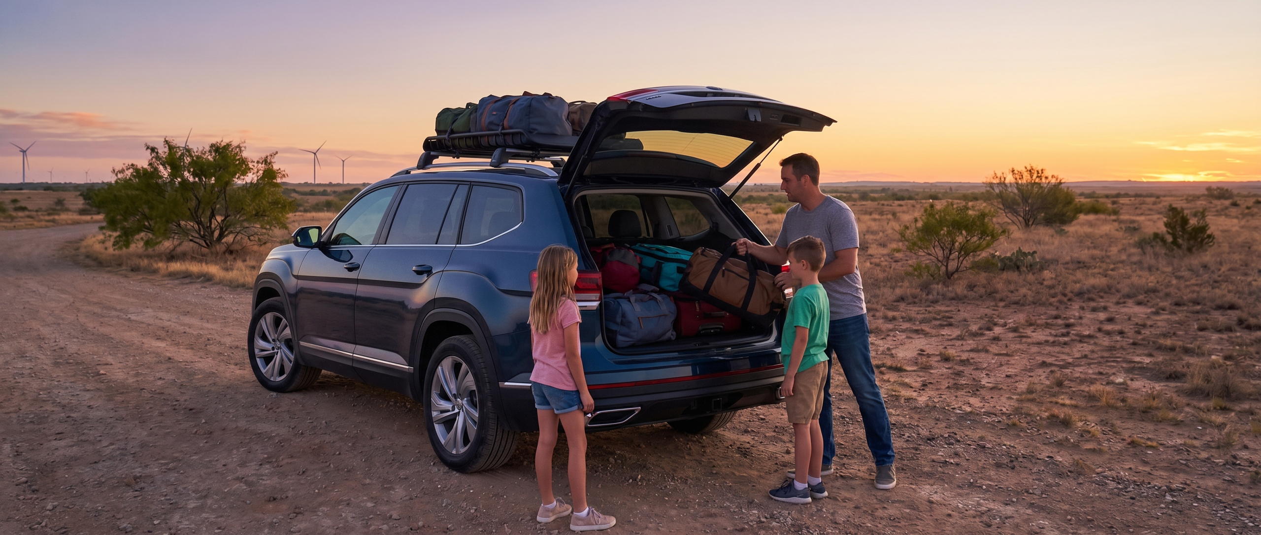Volkswagen Atlas packed for family road trip from Amarillo TX to Dallas Fort Worth