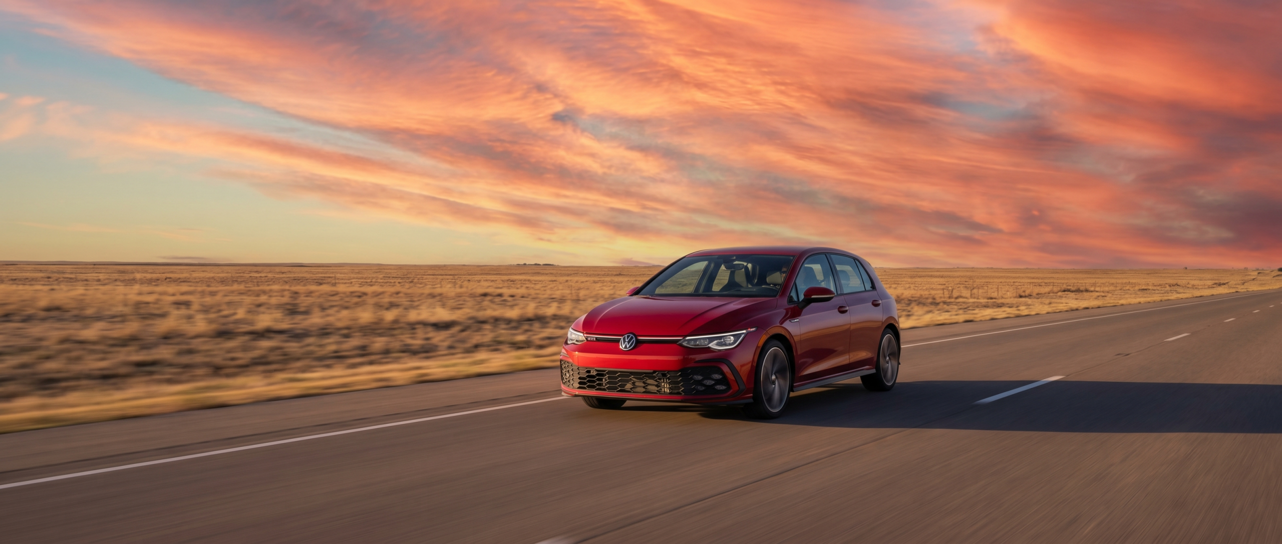 Volkswagen Golf GTI on open highway near Amarillo TX with Texas Panhandle landscape
