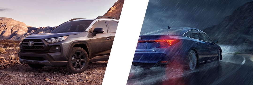 Basic Car Maintenance and Servicing Checklist | Bennett Toyota of Lebanon | RAV4 parked on rocky mountain side on the left as the Avalon drives in the rain on the right