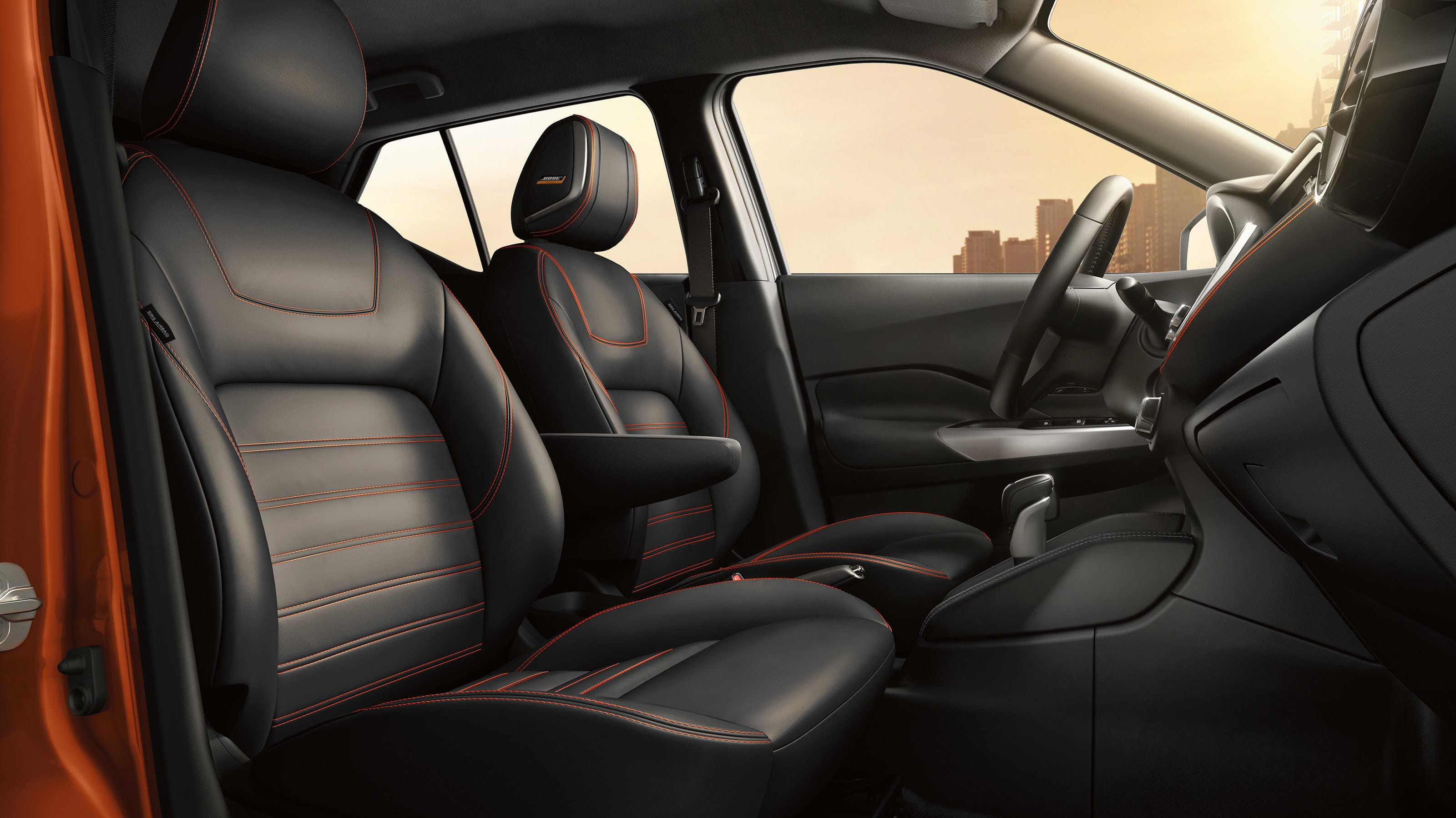 Image of the black leather interior of a 2019 Nissan Kicks.