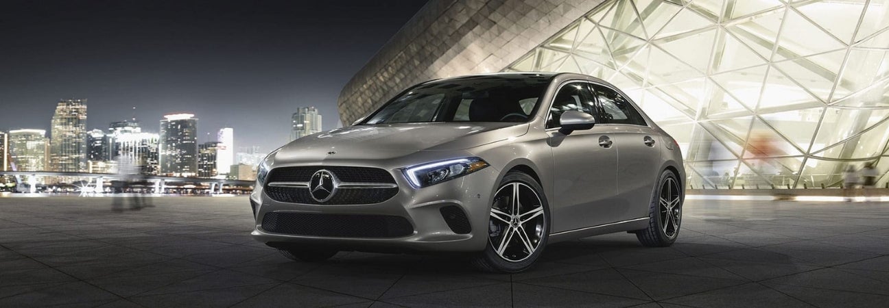 2019 Mercedes-Benz A-Class parked against the backdrop of a city skyline