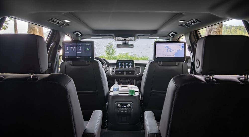 A view from the inside rear of a 2021 Chevy Suburban facing the windshield.
