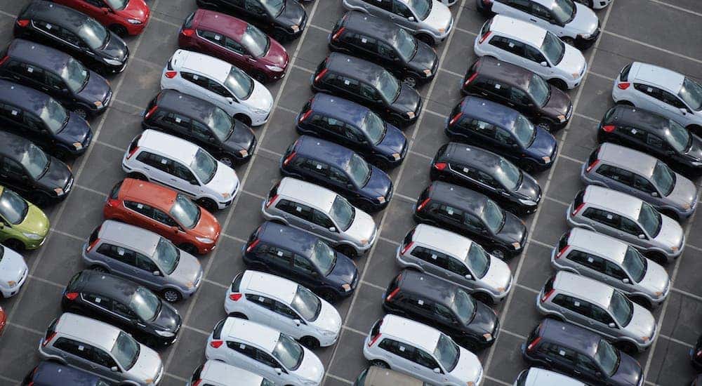A used car lot is shown from above.
