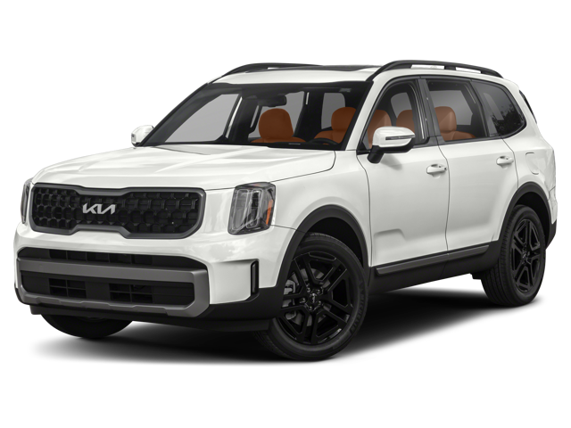 Kia Telluride with a sleek design is shown, featuring a black grille and black alloy wheels. 