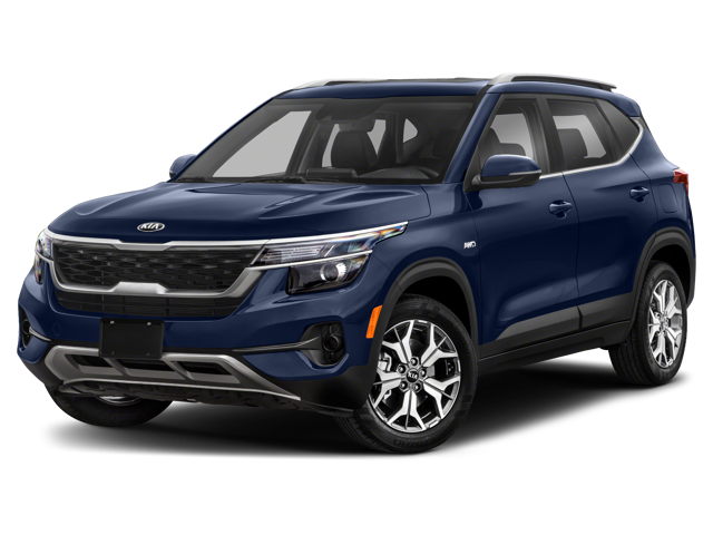 A sleek blue Kia SUV is shown from a front three-quarter angle.