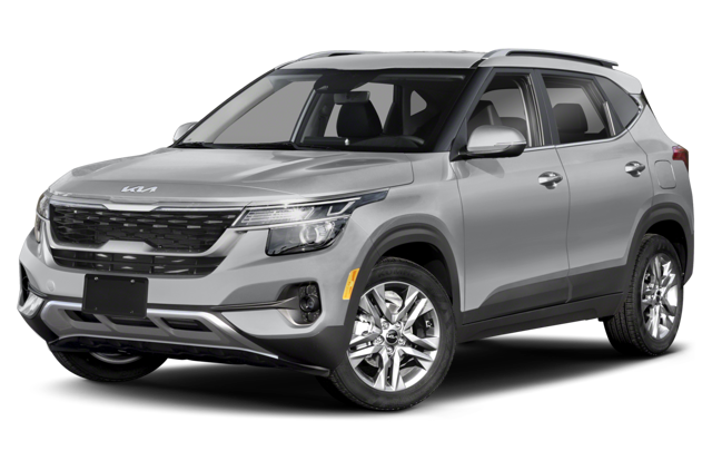 2022 Kia Seltos in Grey Color parked on a white background.