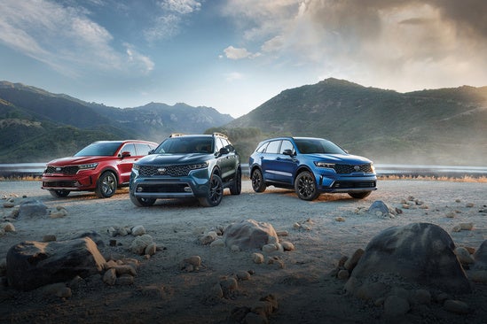Three SUVs in red, gray, and blue are parked on a rocky terrain, set against a backdrop of scenic mountains and a cloudy sky.