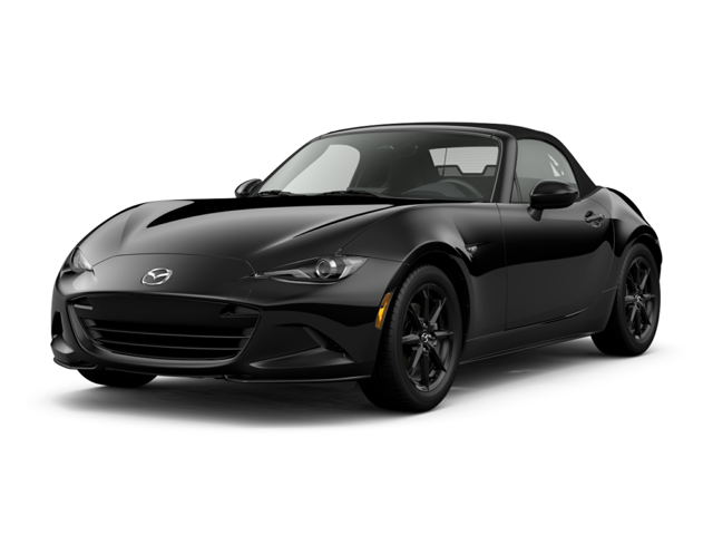 A black Mazda MX-5 sports car is displayed, showcasing its sleek design and compact form.