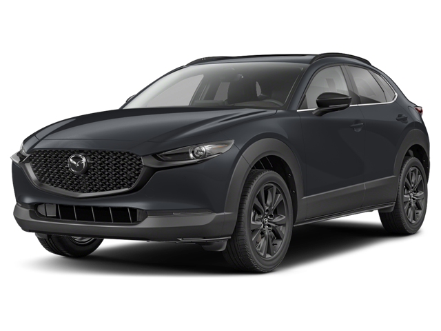 Mazda CX-30 SUV parked on a city street, showcasing its sleek design and modern features.