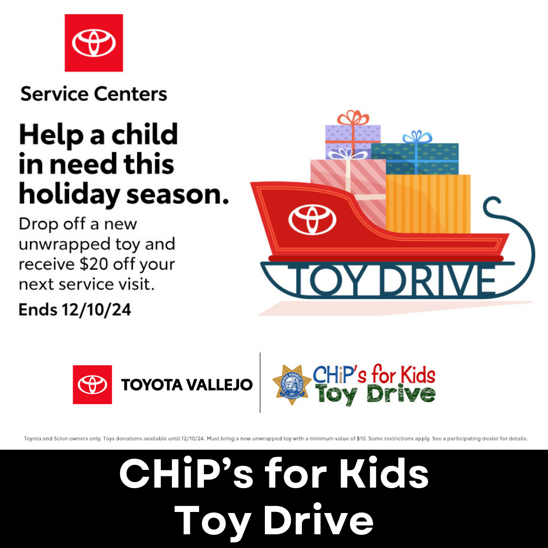 Toyota Service Centers holiday toy drive flyer offering $20 off for donating a new unwrapped toy, supporting CHiPs for Kids. Ends 12/10/24.