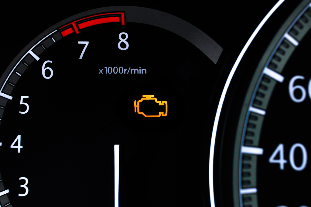 Dashboard close-up with yellow check engine light on, illustrating the step-by-step process to check your vehicle and visit the Toyota Vallejo Service Center for diagnostics.
