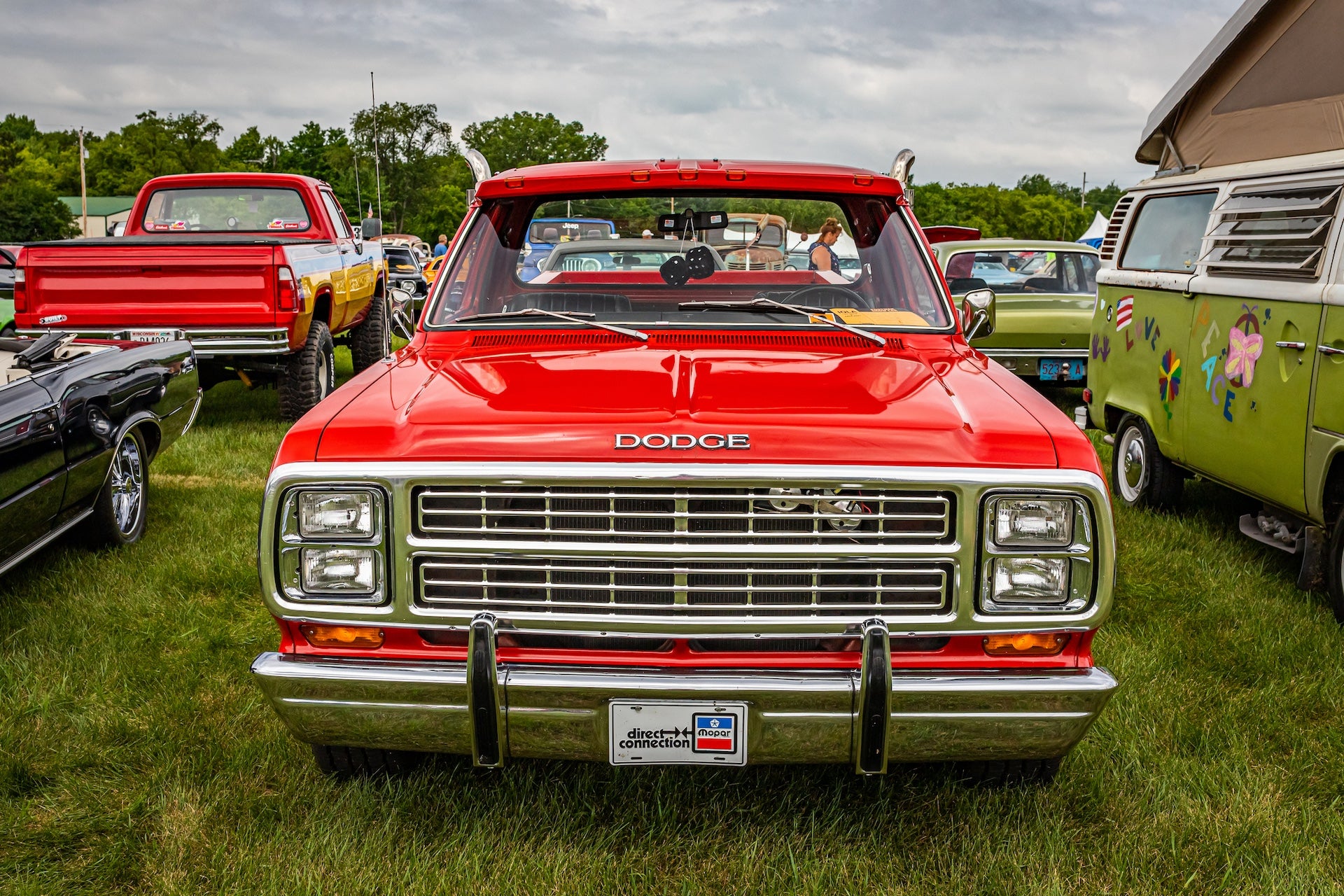 High perspective front view of a 1979 Dodge “Lil’ Red Express” Pickup Truck at a local car show.