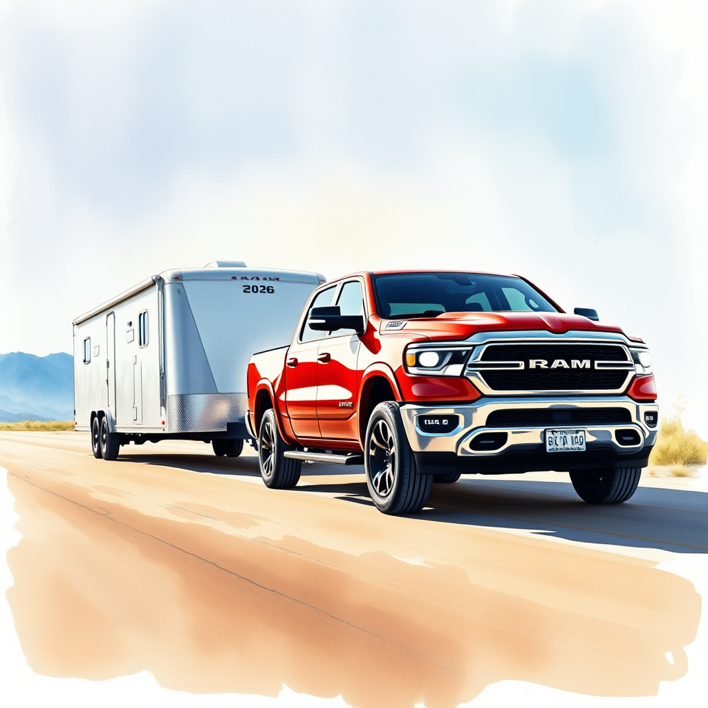 2026 Ram 1500 truck towing a trailer in watercolor
