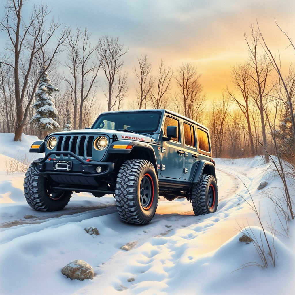 New Jeep Wrangler on snowy trail