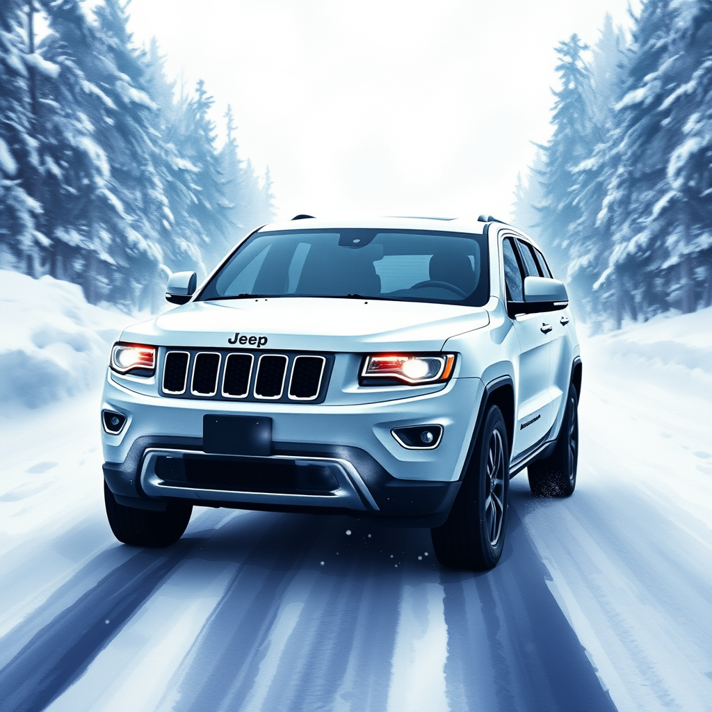 Jeep Grand Cherokee driving in snow covered road in watercolor, no logos