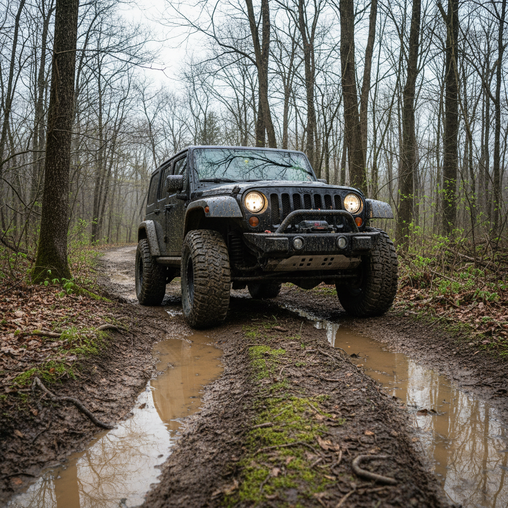 lack Jeep Wrangler navigates a muddy trail through a wooded area, headlights illuminated.