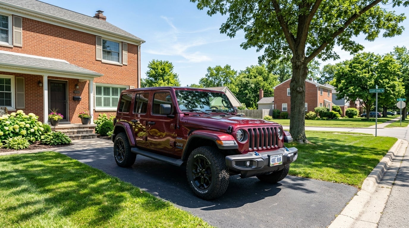 A maroon Jeep Wrangler parked on an asphalt driveway in front of a red brick two-story house.