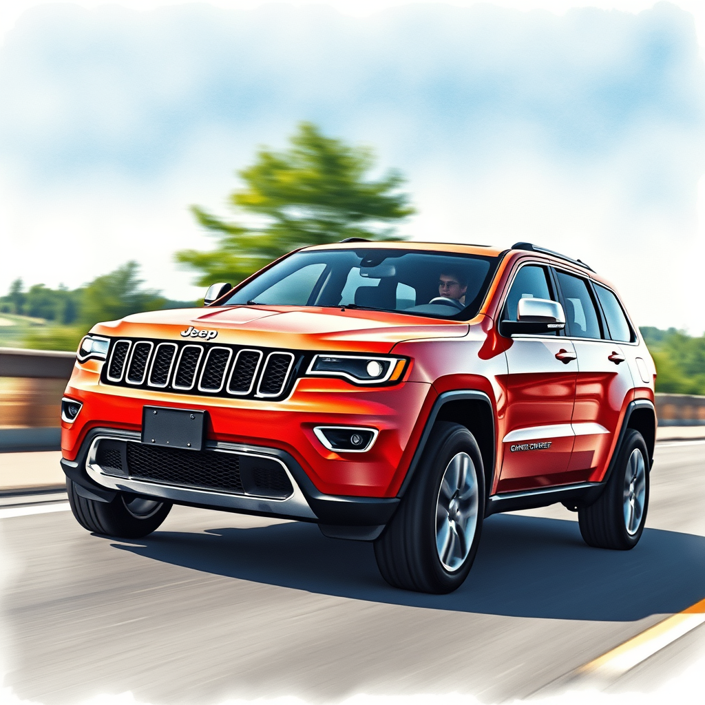 Watercolor image of New Jeep Grand Cherokee driving in Highland, Indiana