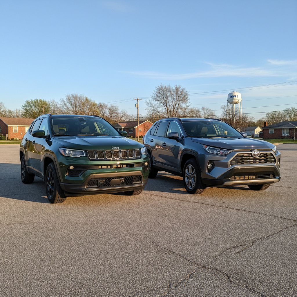 A dynamic, eye-level wide shot comparing a rugged 2026 Jeep Compass and a sleek 2026 Toyota RAV4, positioned side-by-side on a paved, parking lot in Northwest Indiana. The Jeep Compass, in a deep forest green, faces slightly right, showcasing its sturdy grille and off-road tires, while the Toyota RAV4, in a refined metallic grey, faces slightly right, highlighting its modern lines and smooth profile. Both vehicles are pristine and gleaming under warm, late afternoon golden hour light, casting soft shadows that define their contours. The background features a blend of NWI scenery: spring-colored deciduous trees lining the road, with hints of modest suburban housing and a distant water tower under a clear, expansive sky, evoking a sense of choice for local drivers. The atmosphere is aspirational and practical, captured in a realistic, high-resolution automotive photography style.