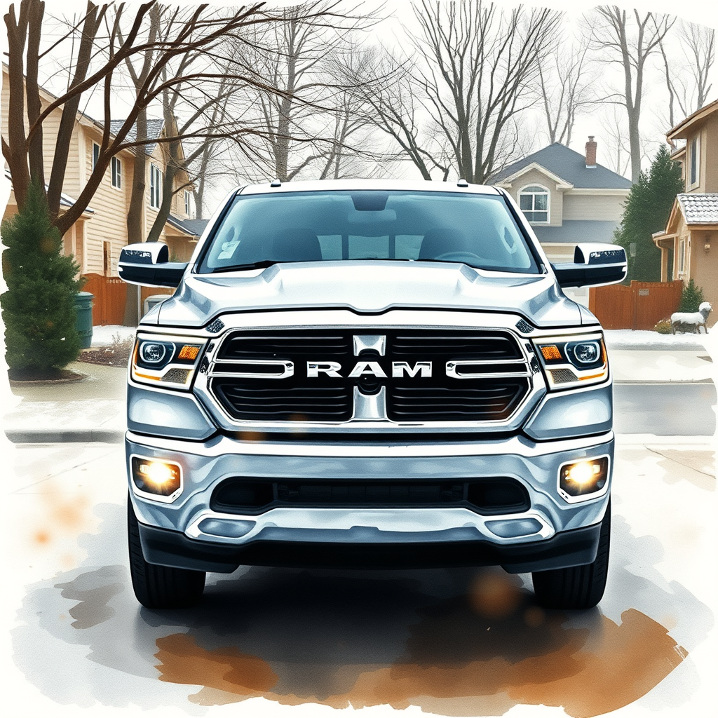 new Ram 1500 idling in cold weather in a neighborhood driveway in watercolor